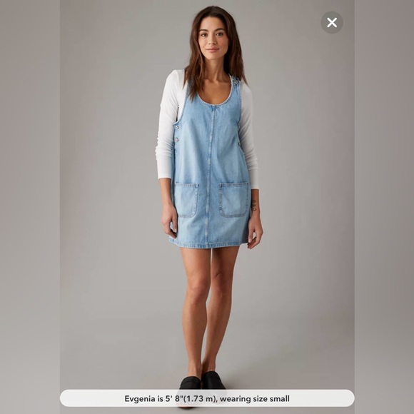 AE Denim Pinafore Mini Overall Dress Light Wash Vintage - Picture 3 of 7